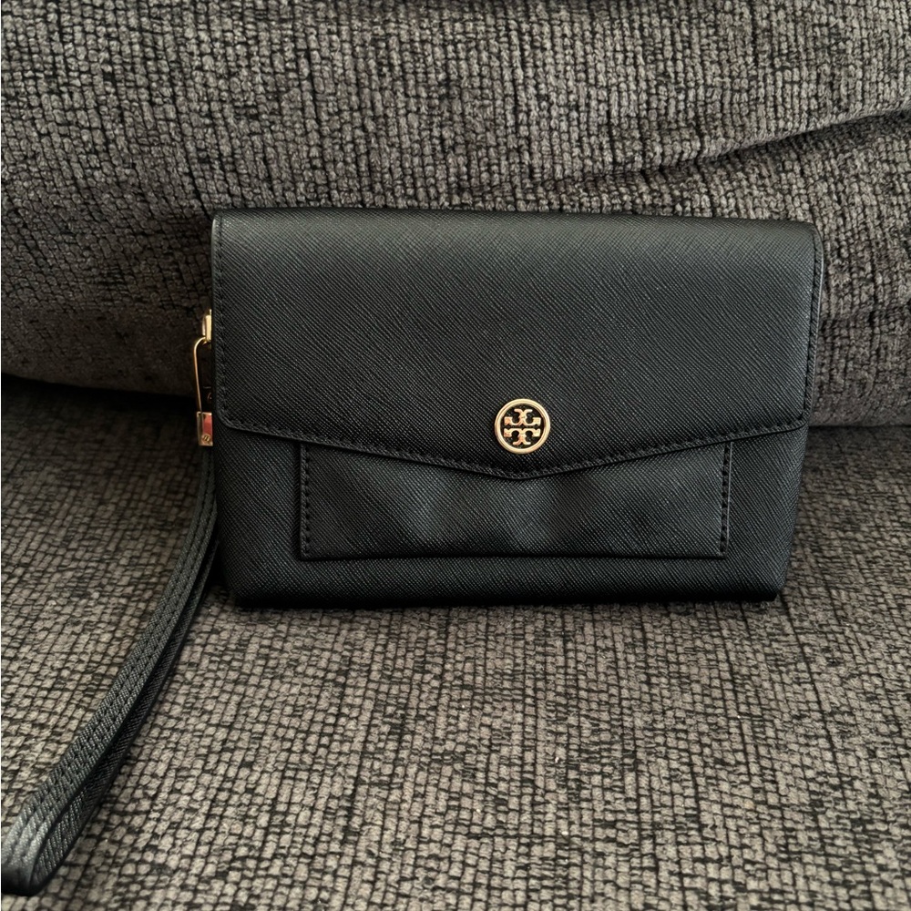 Tory Burch Black Leather Wristlet with Gold Logo